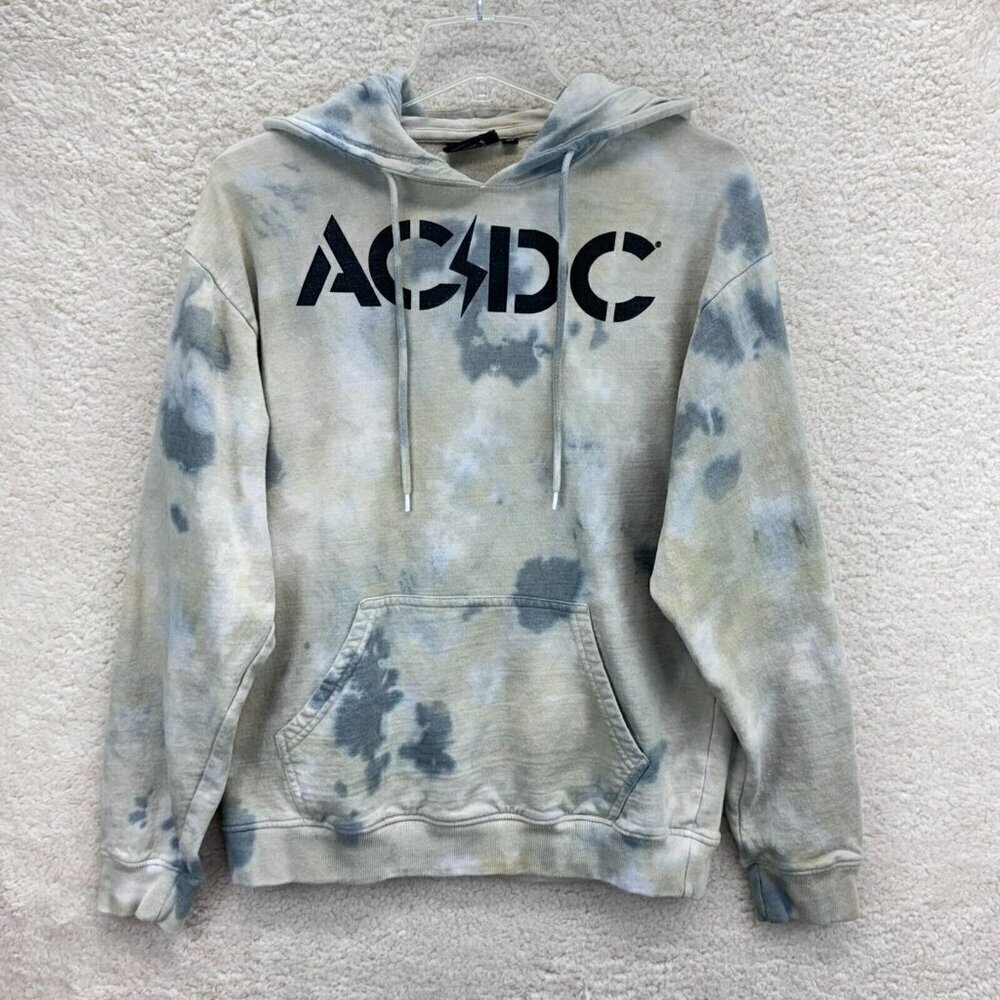 AC/DC Tie-Dye Sweatshirt Hooded Pullover Medium Long Sleeves Pockets Gray Cream